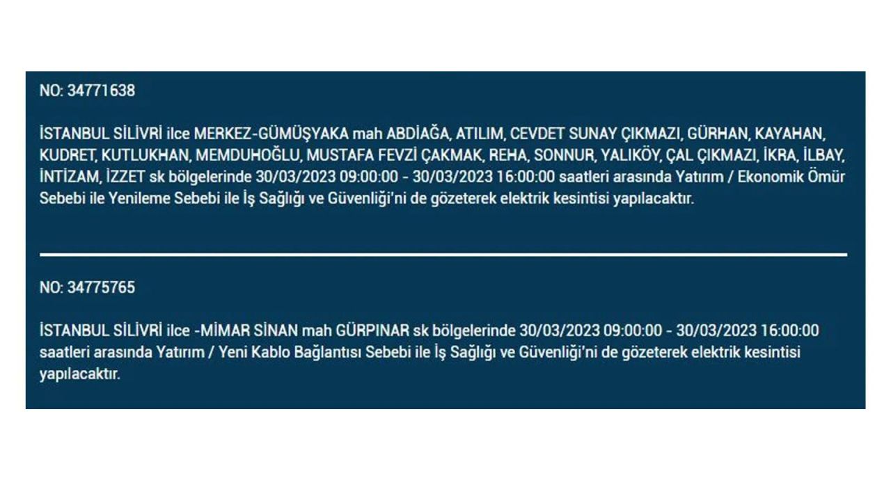 İstanbul'da elektriğin kesileceği ilçeler belli oldu! İşte 30 Mart'ta elektrik kesintisi yaşayacak ilçeler ve mahalleler... 34
