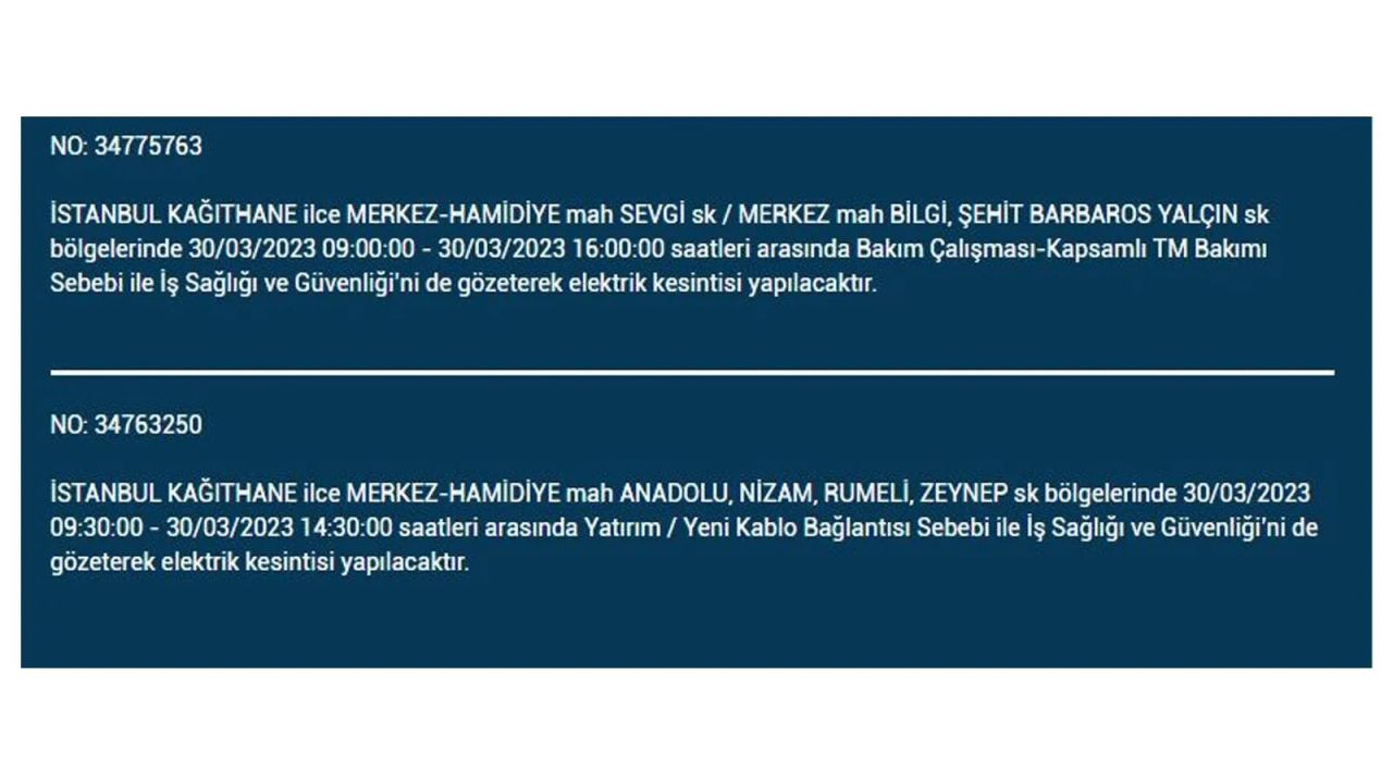 İstanbul'da elektriğin kesileceği ilçeler belli oldu! İşte 30 Mart'ta elektrik kesintisi yaşayacak ilçeler ve mahalleler... 31