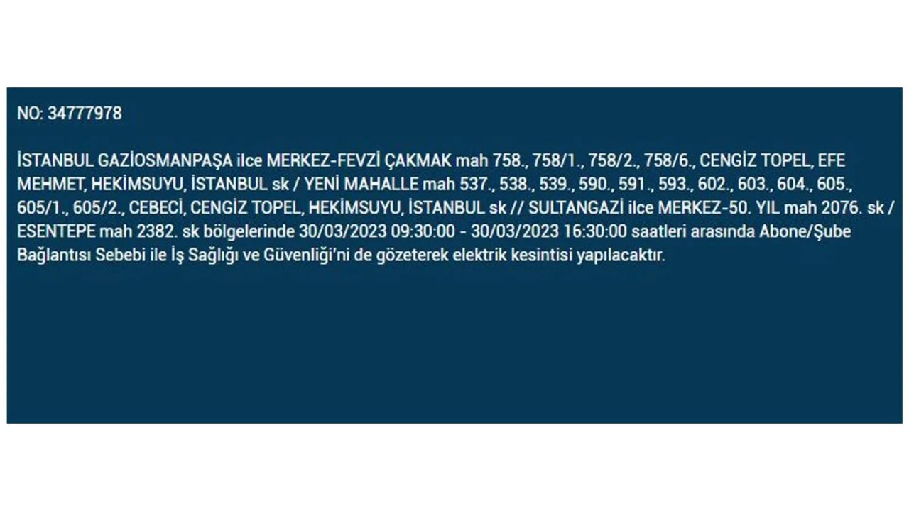 İstanbul'da elektriğin kesileceği ilçeler belli oldu! İşte 30 Mart'ta elektrik kesintisi yaşayacak ilçeler ve mahalleler... 38