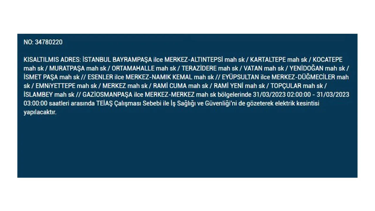 İstanbul'da elektriğin kesileceği ilçeler belli oldu! İşte 31 Mart'ta elektrik kesintisi yaşayacak ilçeler ve mahalleler... 10