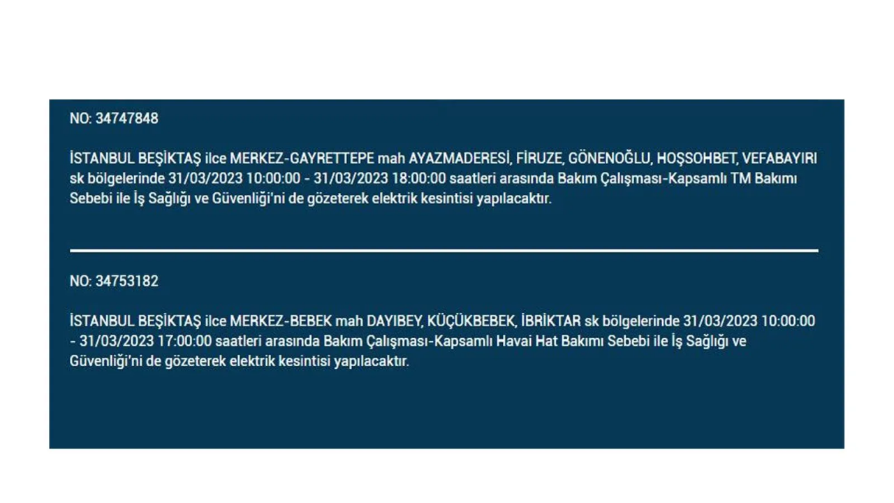 İstanbul'da elektriğin kesileceği ilçeler belli oldu! İşte 31 Mart'ta elektrik kesintisi yaşayacak ilçeler ve mahalleler... 11
