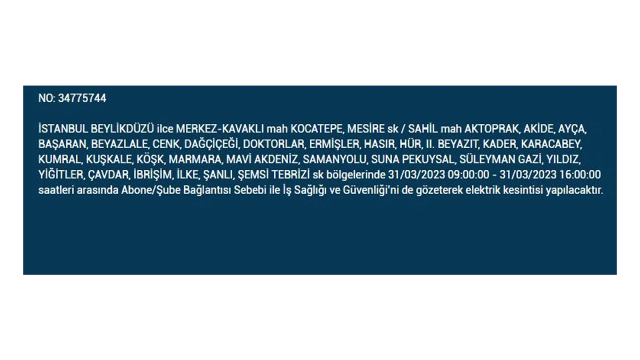 İstanbul'da elektriğin kesileceği ilçeler belli oldu! İşte 31 Mart'ta elektrik kesintisi yaşayacak ilçeler ve mahalleler... 13
