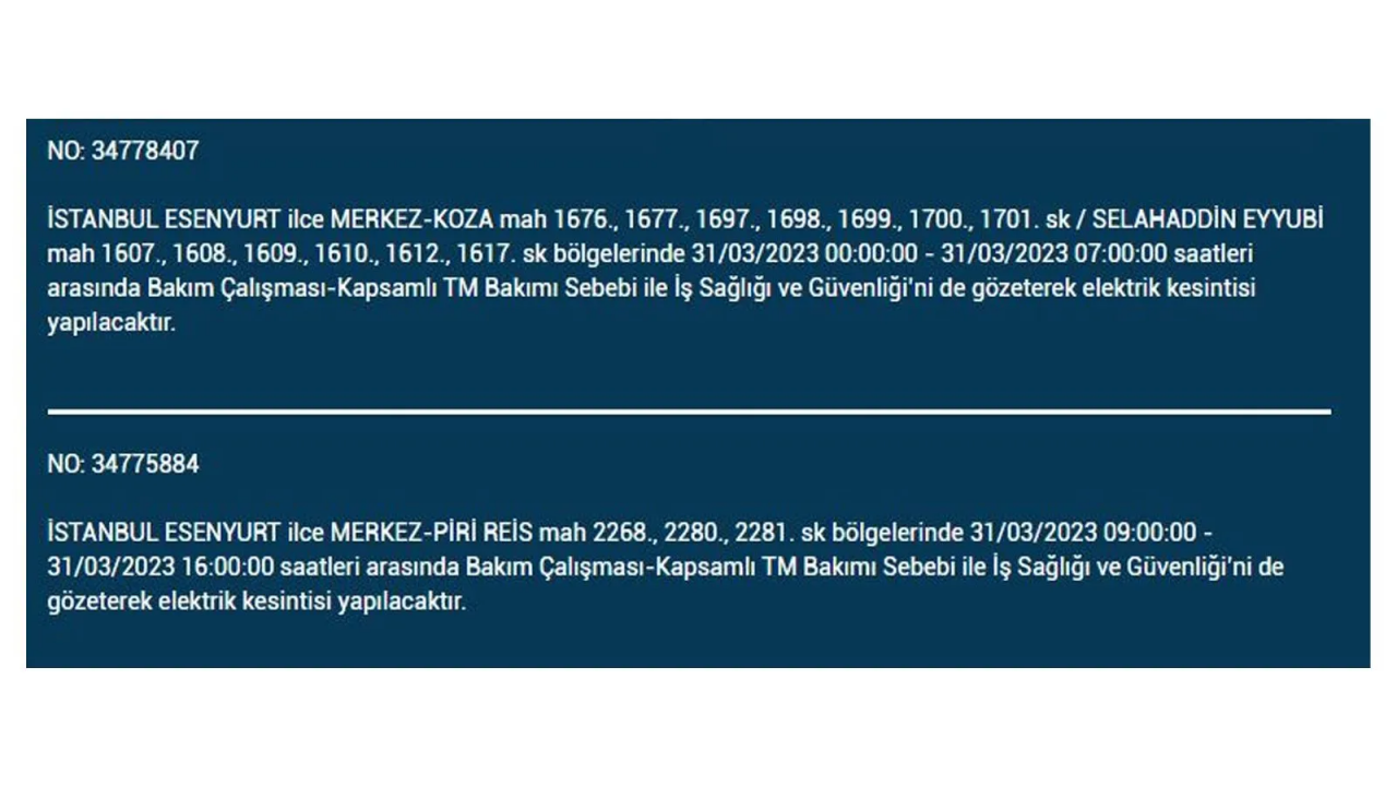 İstanbul'da elektriğin kesileceği ilçeler belli oldu! İşte 31 Mart'ta elektrik kesintisi yaşayacak ilçeler ve mahalleler... 14