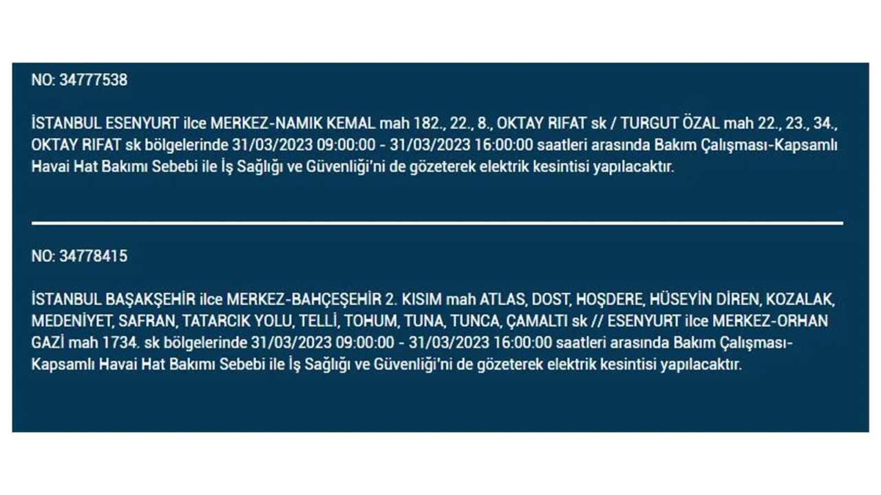 İstanbul'da elektriğin kesileceği ilçeler belli oldu! İşte 31 Mart'ta elektrik kesintisi yaşayacak ilçeler ve mahalleler... 15