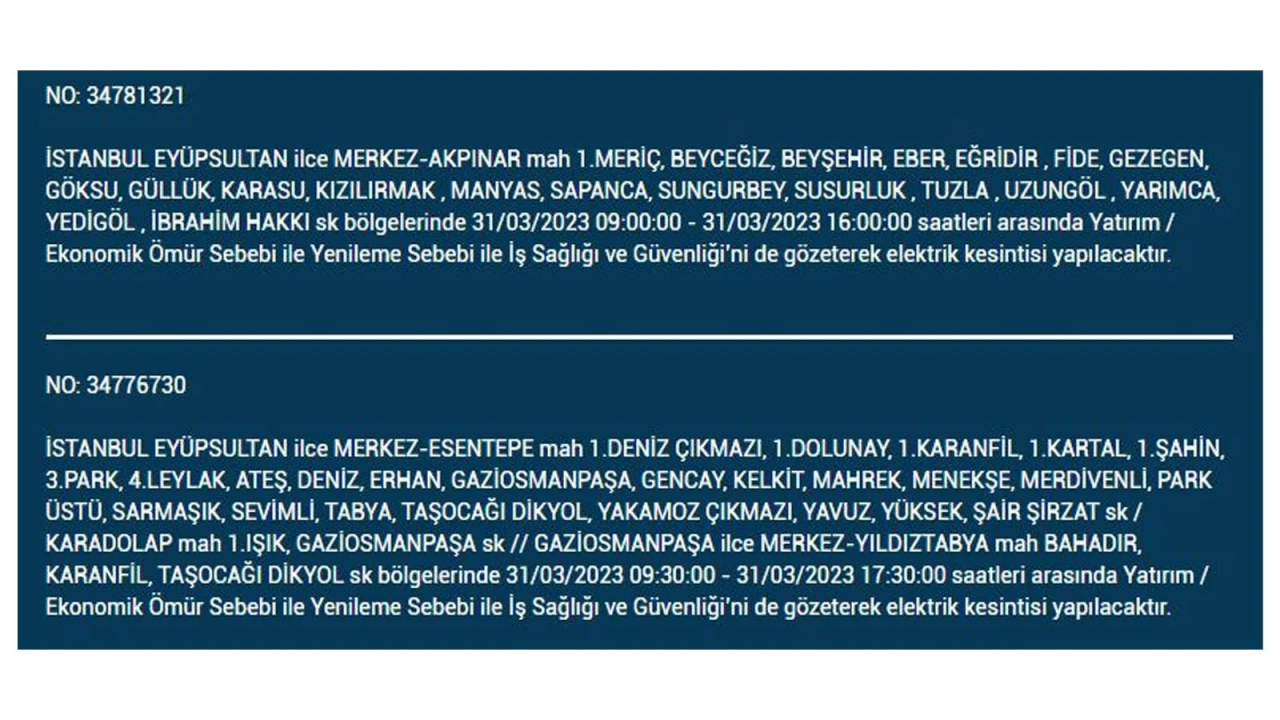 İstanbul'da elektriğin kesileceği ilçeler belli oldu! İşte 31 Mart'ta elektrik kesintisi yaşayacak ilçeler ve mahalleler... 16