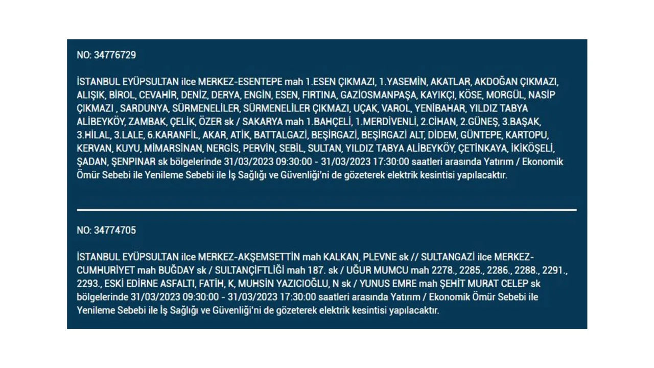 İstanbul'da elektriğin kesileceği ilçeler belli oldu! İşte 31 Mart'ta elektrik kesintisi yaşayacak ilçeler ve mahalleler... 17