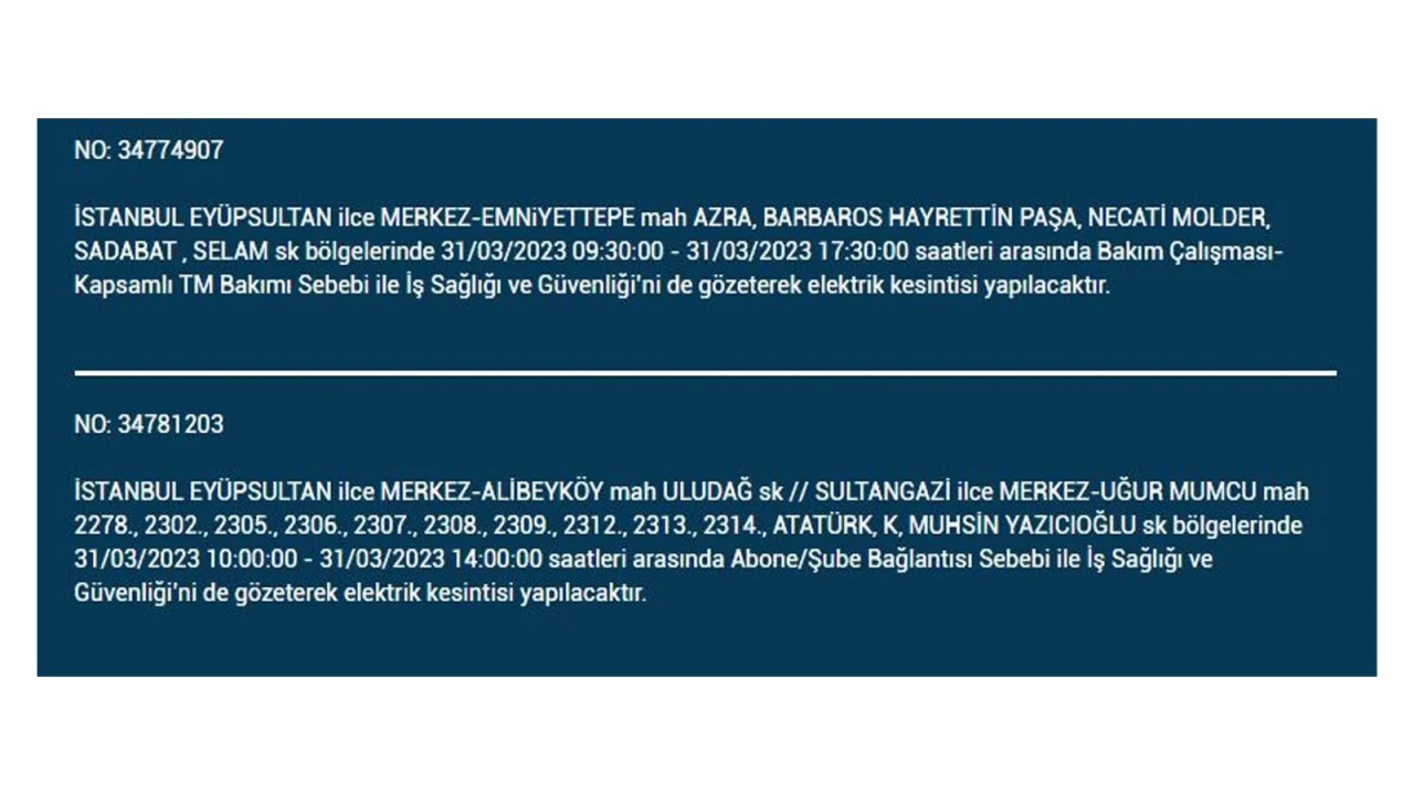 İstanbul'da elektriğin kesileceği ilçeler belli oldu! İşte 31 Mart'ta elektrik kesintisi yaşayacak ilçeler ve mahalleler... 18