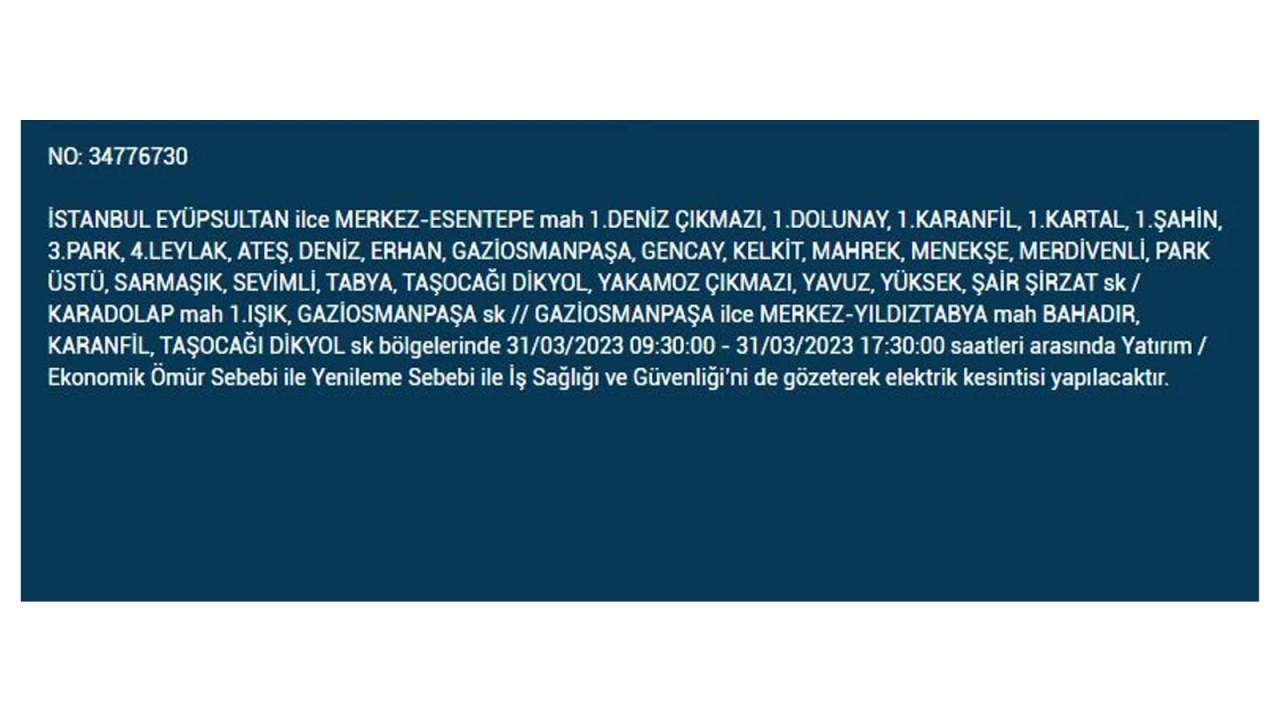 İstanbul'da elektriğin kesileceği ilçeler belli oldu! İşte 31 Mart'ta elektrik kesintisi yaşayacak ilçeler ve mahalleler... 20