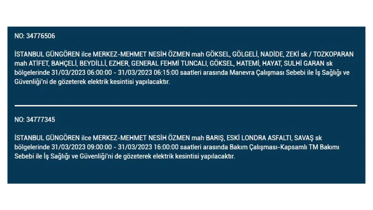 İstanbul'da elektriğin kesileceği ilçeler belli oldu! İşte 31 Mart'ta elektrik kesintisi yaşayacak ilçeler ve mahalleler... 21