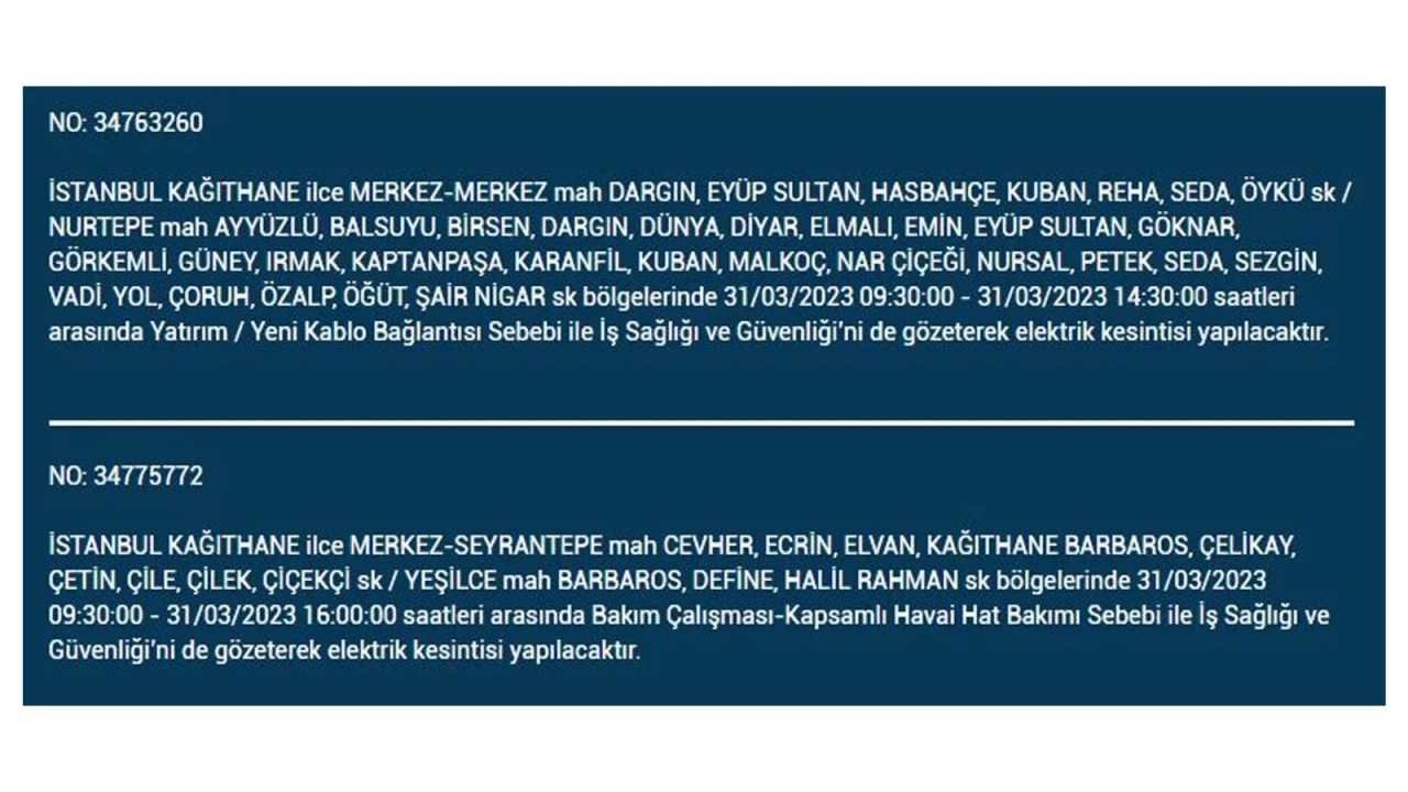 İstanbul'da elektriğin kesileceği ilçeler belli oldu! İşte 31 Mart'ta elektrik kesintisi yaşayacak ilçeler ve mahalleler... 23
