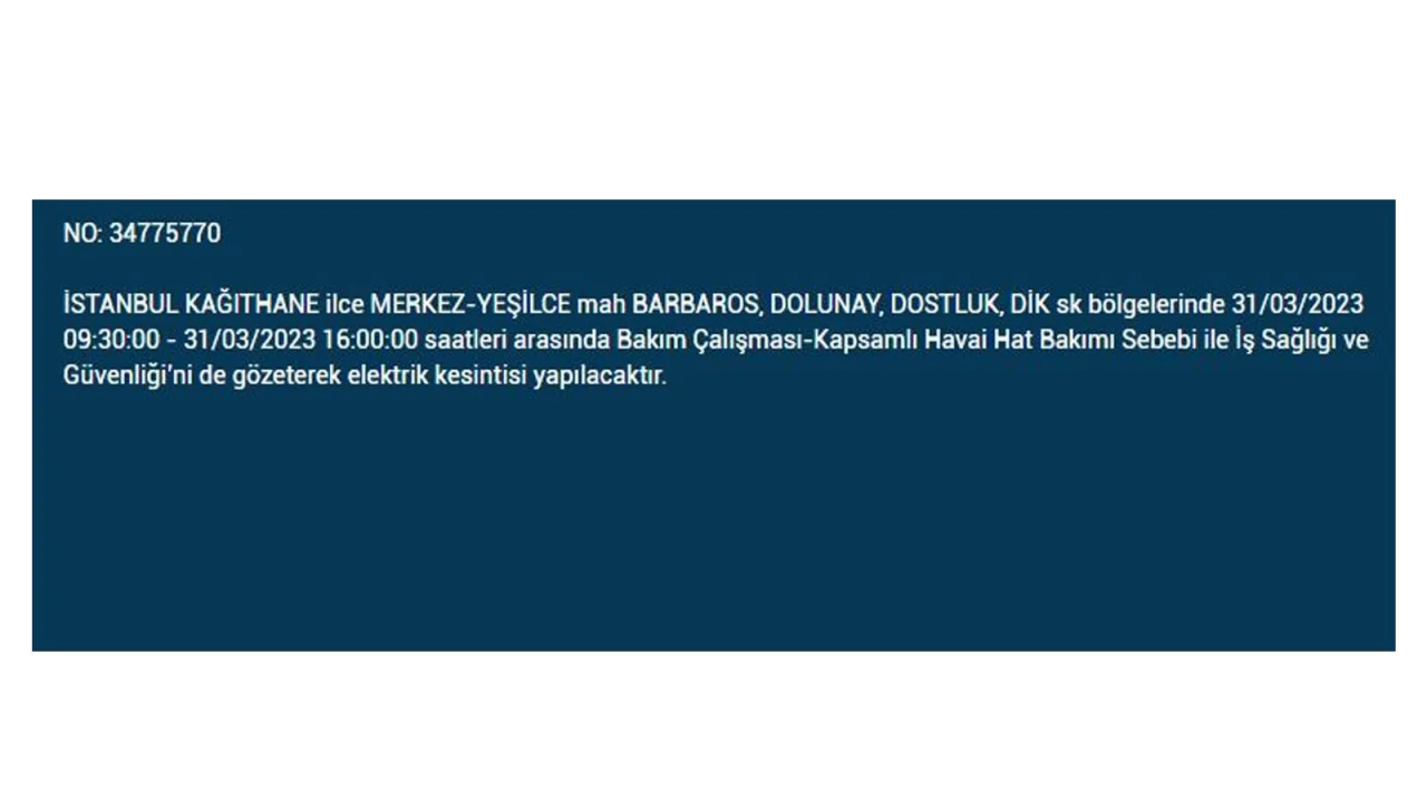 İstanbul'da elektriğin kesileceği ilçeler belli oldu! İşte 31 Mart'ta elektrik kesintisi yaşayacak ilçeler ve mahalleler... 24