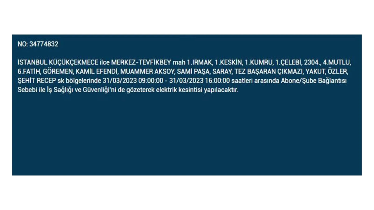 İstanbul'da elektriğin kesileceği ilçeler belli oldu! İşte 31 Mart'ta elektrik kesintisi yaşayacak ilçeler ve mahalleler... 25