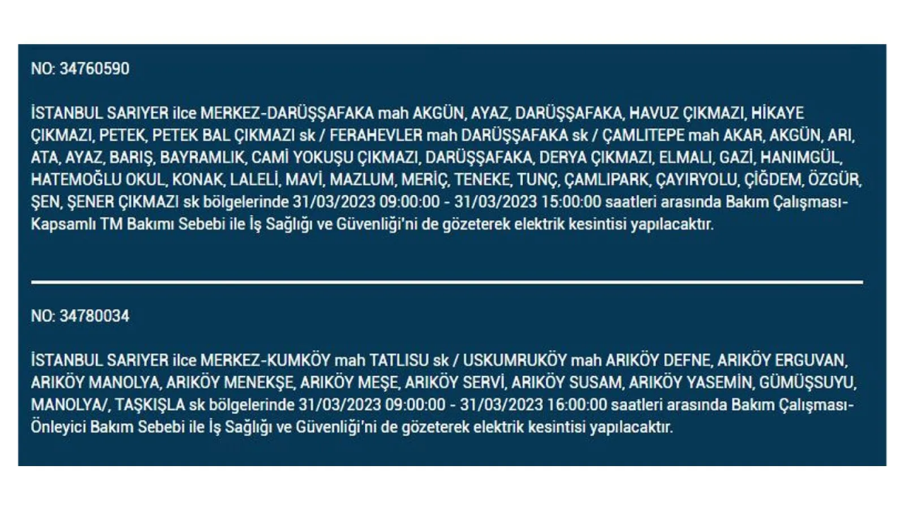 İstanbul'da elektriğin kesileceği ilçeler belli oldu! İşte 31 Mart'ta elektrik kesintisi yaşayacak ilçeler ve mahalleler... 26