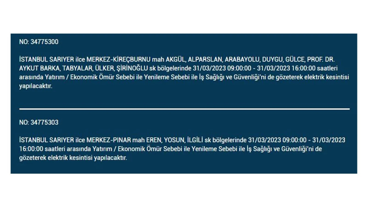 İstanbul'da elektriğin kesileceği ilçeler belli oldu! İşte 31 Mart'ta elektrik kesintisi yaşayacak ilçeler ve mahalleler... 27
