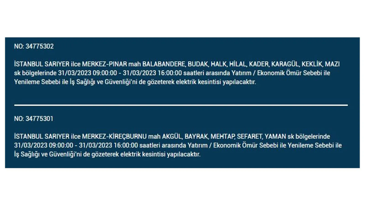 İstanbul'da elektriğin kesileceği ilçeler belli oldu! İşte 31 Mart'ta elektrik kesintisi yaşayacak ilçeler ve mahalleler... 28