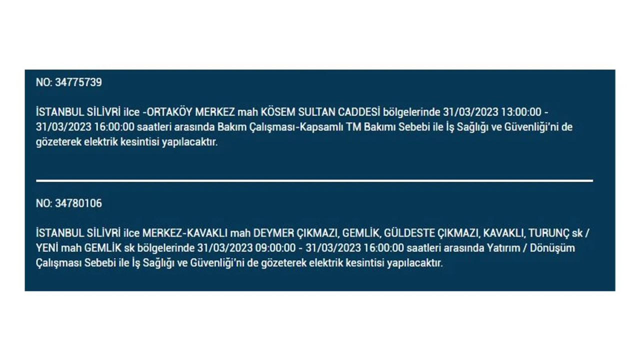 İstanbul'da elektriğin kesileceği ilçeler belli oldu! İşte 31 Mart'ta elektrik kesintisi yaşayacak ilçeler ve mahalleler... 30