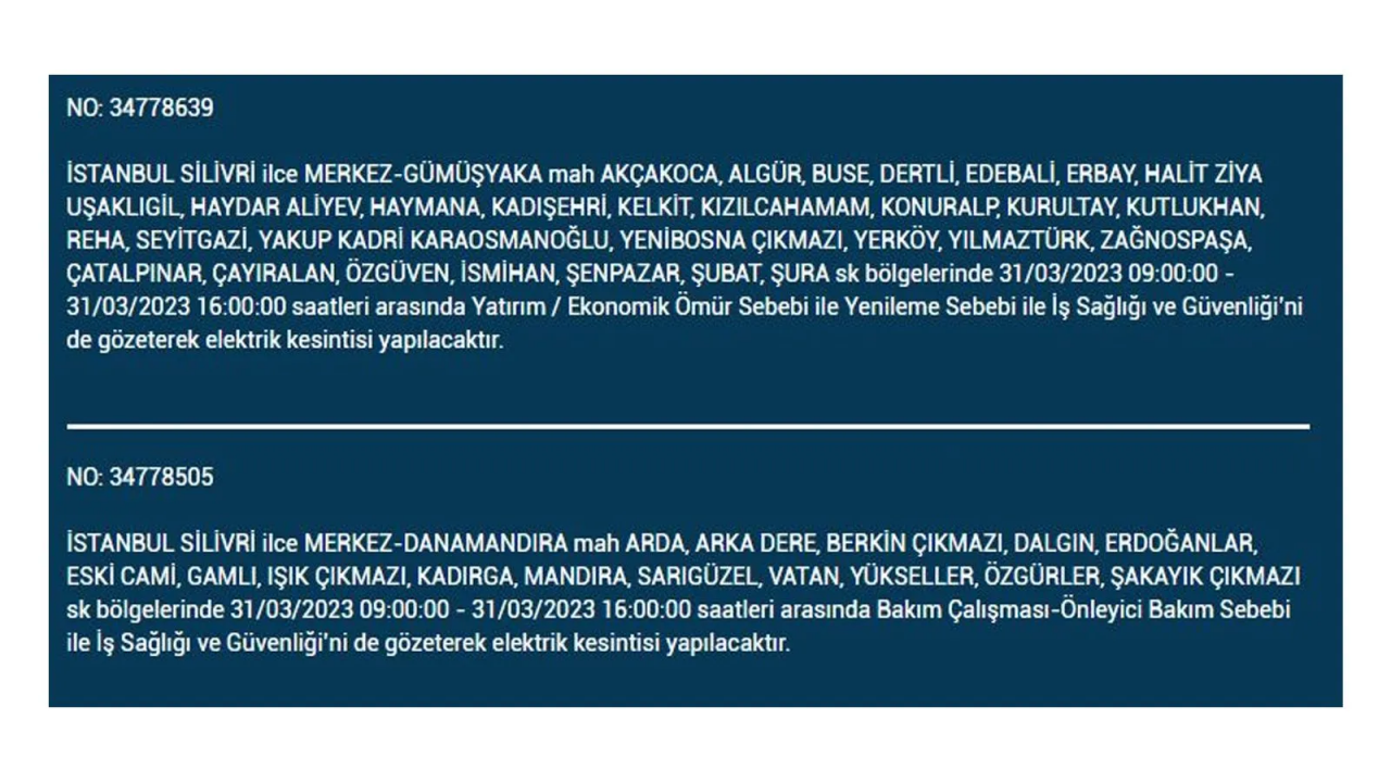 İstanbul'da elektriğin kesileceği ilçeler belli oldu! İşte 31 Mart'ta elektrik kesintisi yaşayacak ilçeler ve mahalleler... 31