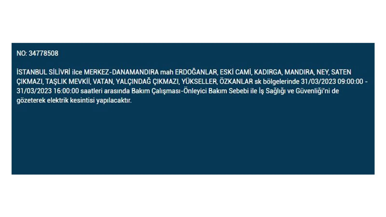 İstanbul'da elektriğin kesileceği ilçeler belli oldu! İşte 31 Mart'ta elektrik kesintisi yaşayacak ilçeler ve mahalleler... 32