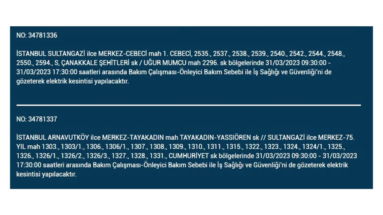 İstanbul'da elektriğin kesileceği ilçeler belli oldu! İşte 31 Mart'ta elektrik kesintisi yaşayacak ilçeler ve mahalleler... 33