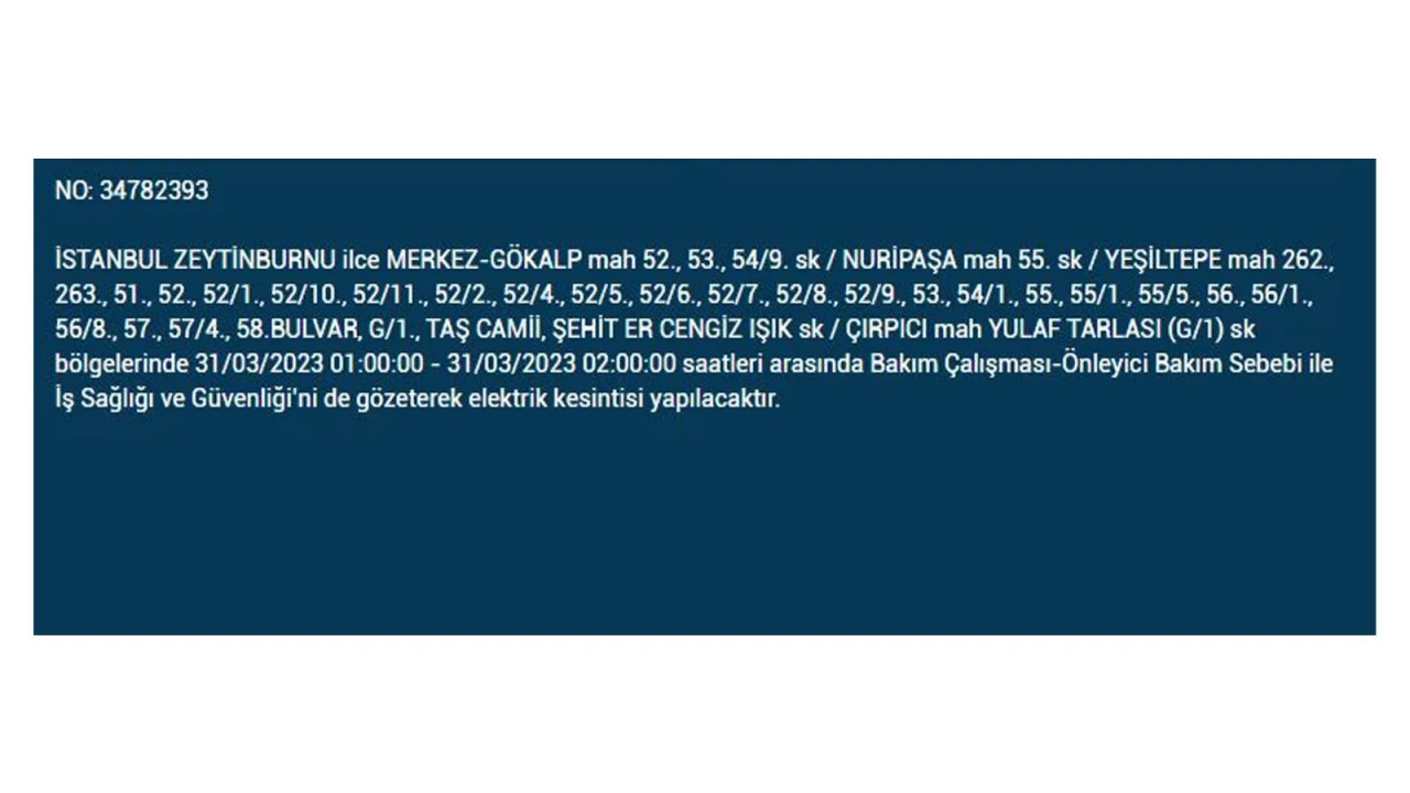 İstanbul'da elektriğin kesileceği ilçeler belli oldu! İşte 31 Mart'ta elektrik kesintisi yaşayacak ilçeler ve mahalleler... 36