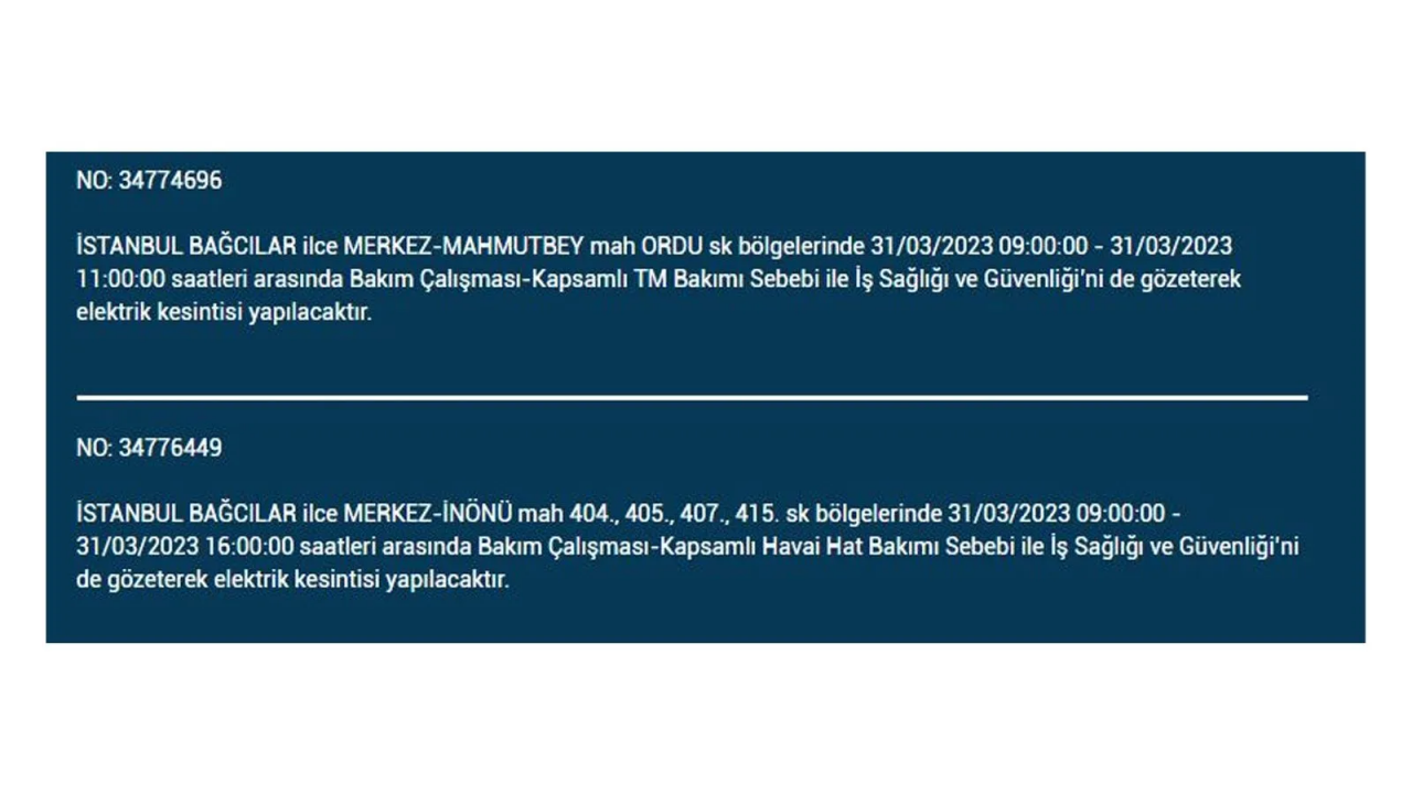 İstanbul'da elektriğin kesileceği ilçeler belli oldu! İşte 31 Mart'ta elektrik kesintisi yaşayacak ilçeler ve mahalleler... 6