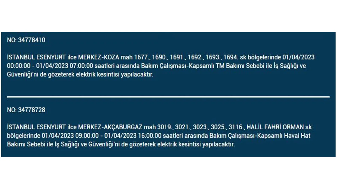 İstanbul'da elektriğin kesileceği ilçeler belli oldu! İşte 1 Nisan'da elektrik kesintisi yaşayacak ilçeler ve mahalleler... 11