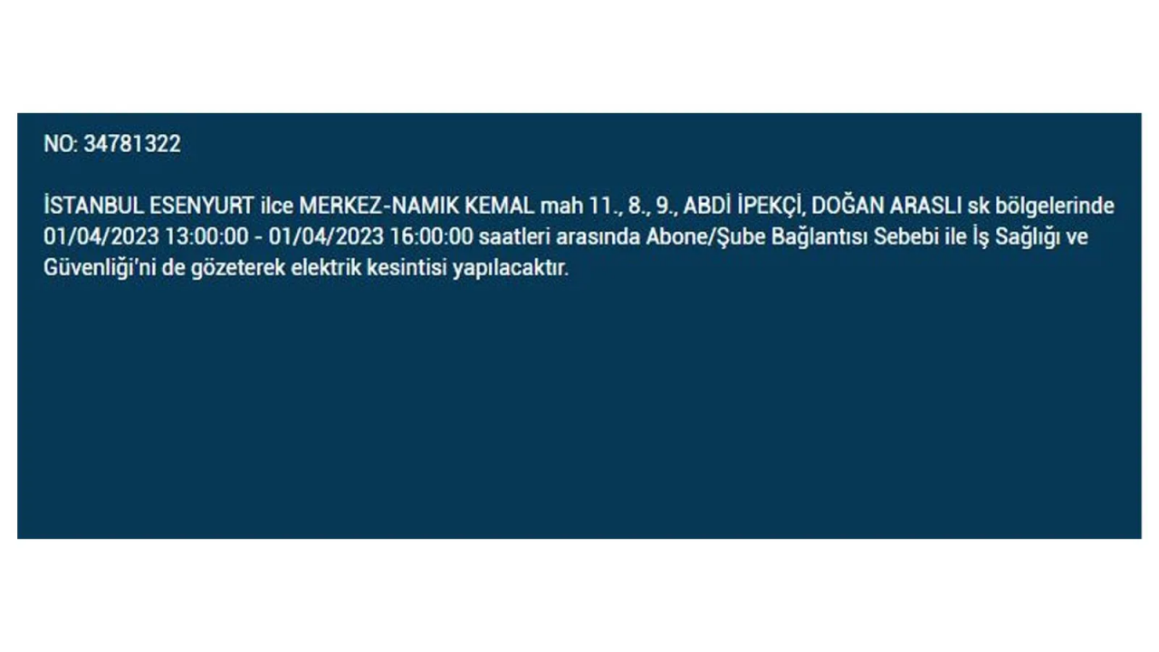 İstanbul'da elektriğin kesileceği ilçeler belli oldu! İşte 1 Nisan'da elektrik kesintisi yaşayacak ilçeler ve mahalleler... 12