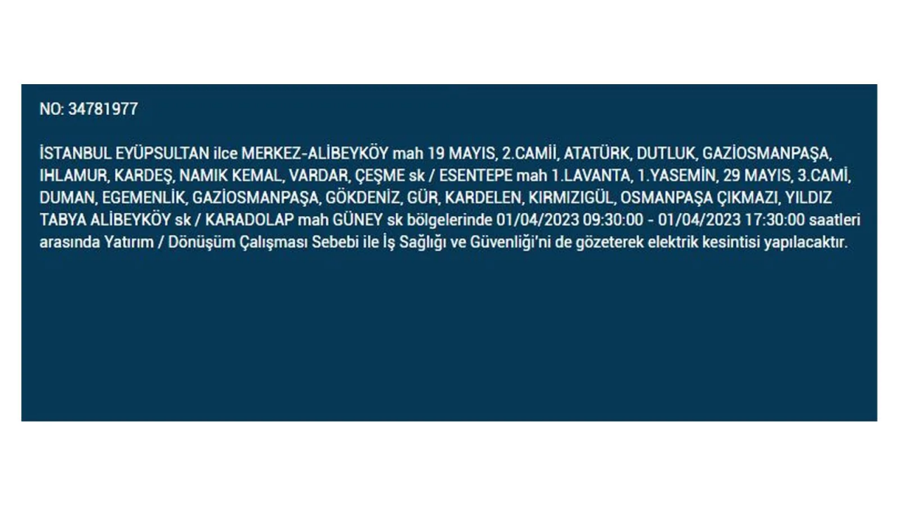 İstanbul'da elektriğin kesileceği ilçeler belli oldu! İşte 1 Nisan'da elektrik kesintisi yaşayacak ilçeler ve mahalleler... 13