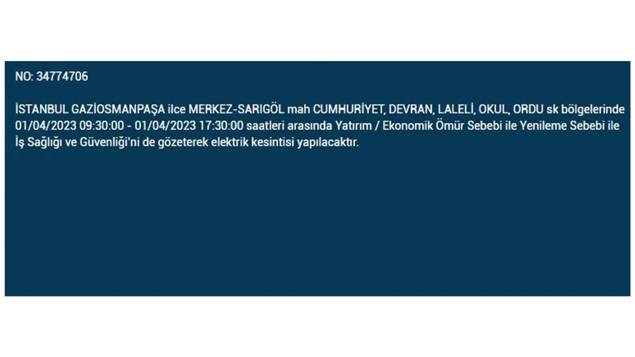 İstanbul'da elektriğin kesileceği ilçeler belli oldu! İşte 1 Nisan'da elektrik kesintisi yaşayacak ilçeler ve mahalleler... 15