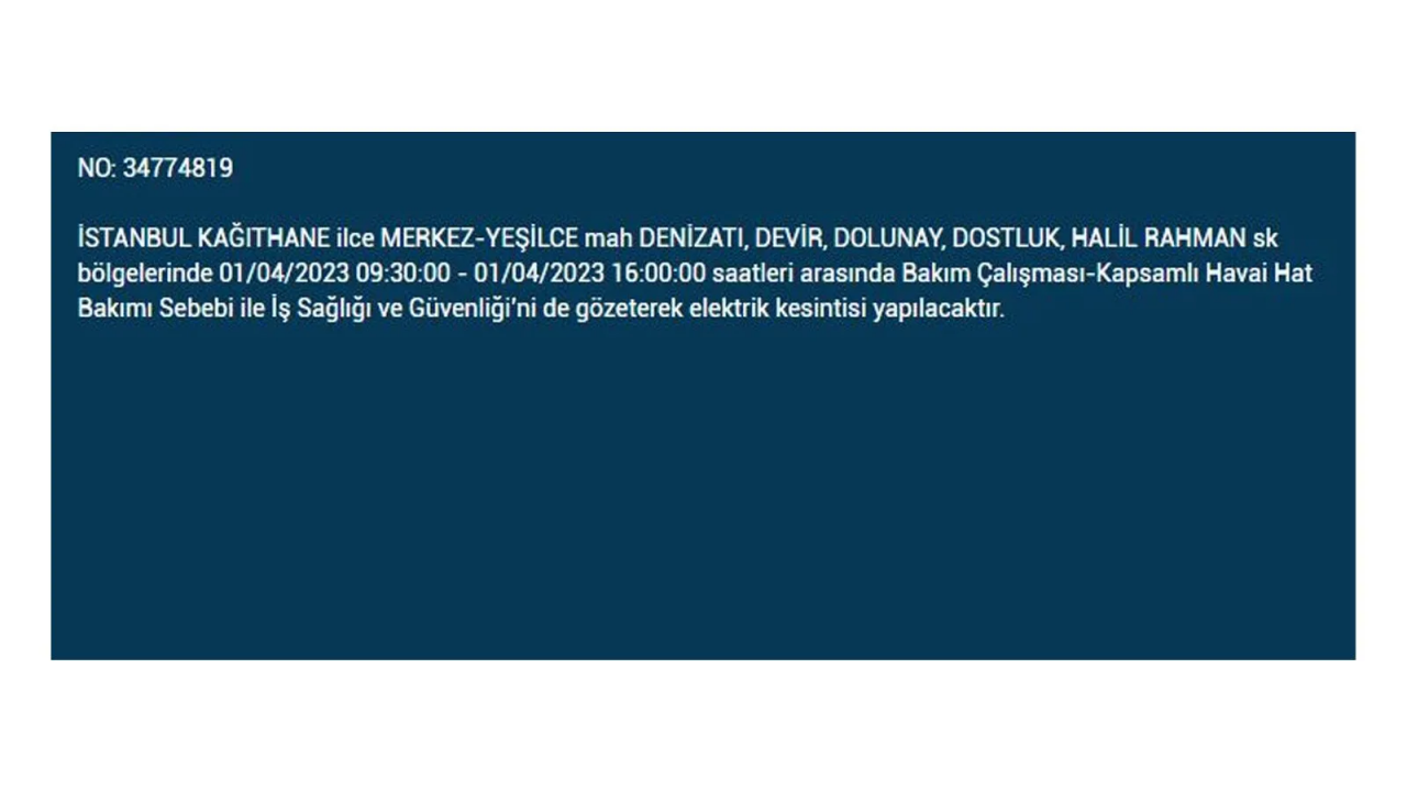 İstanbul'da elektriğin kesileceği ilçeler belli oldu! İşte 1 Nisan'da elektrik kesintisi yaşayacak ilçeler ve mahalleler... 18