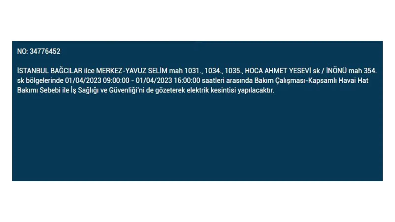 İstanbul'da elektriğin kesileceği ilçeler belli oldu! İşte 1 Nisan'da elektrik kesintisi yaşayacak ilçeler ve mahalleler... 5