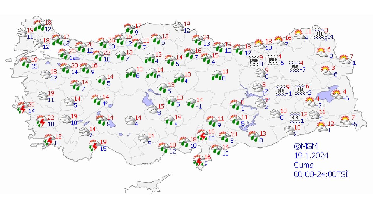 19 Ocak 2024 Cuma Türkiye geneli hava durumu! Kuvvetli yağış ve su baskınına dikkat! 1