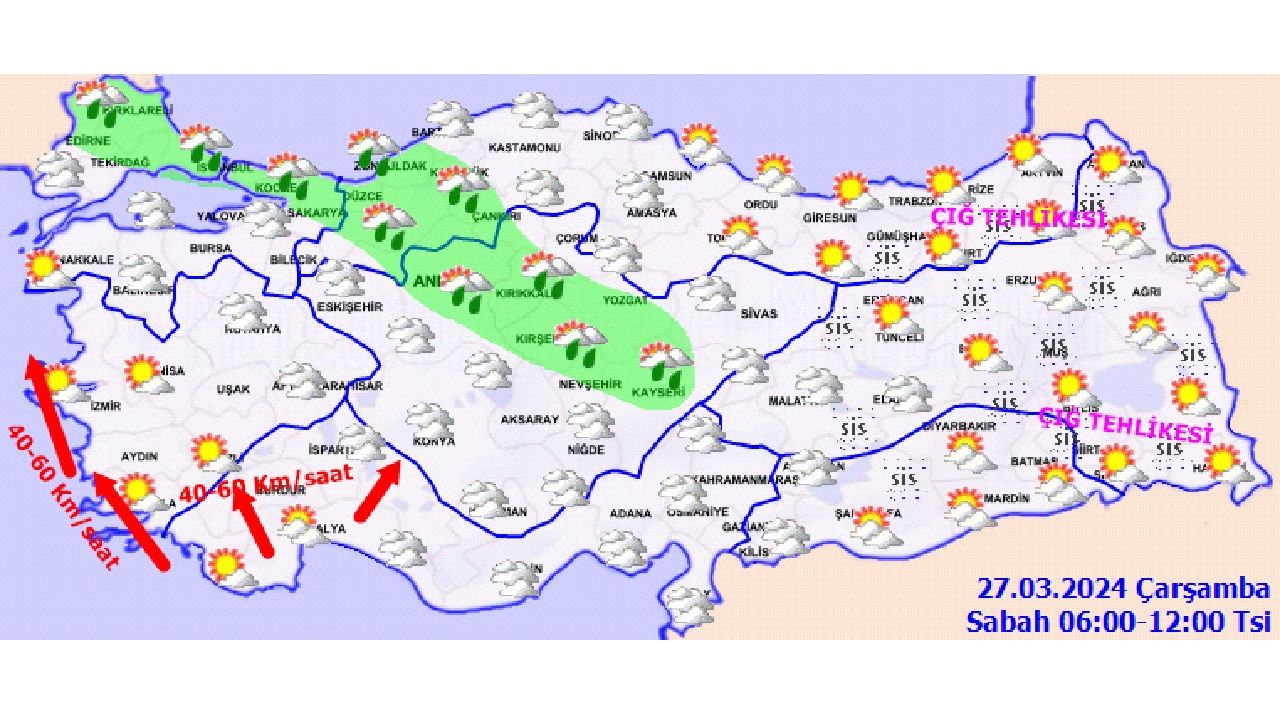 27 Mart 2024 Türkiye geneli hava durumu! Toz taşınımı, kuvvetli rüzgar ve çığ riskine dikkat! 2