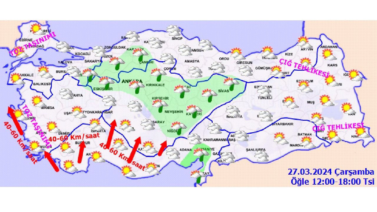 27 Mart 2024 Türkiye geneli hava durumu! Toz taşınımı, kuvvetli rüzgar ve çığ riskine dikkat! 3