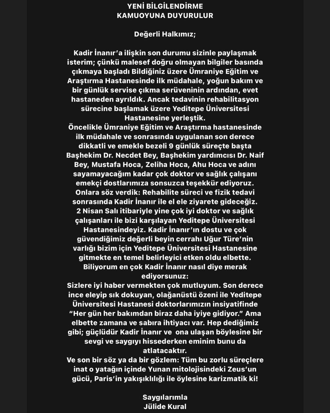 Jülide Kural Kadir İnanır'ın taburcu olduğu haberlerini yalanladı 5