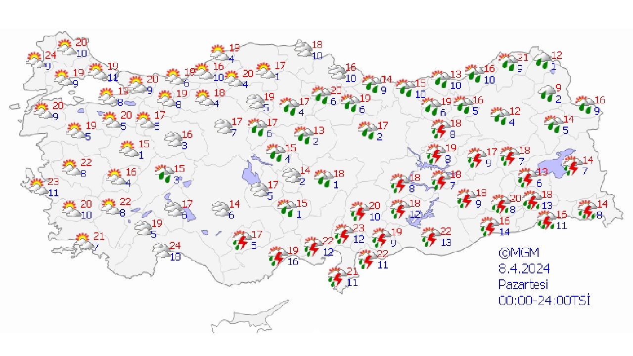 8 Nisan 2024 Meteoroloji hava durumu raporunu yayınladı! Kuvvetli yağış ve su baskınına dikkat! 1
