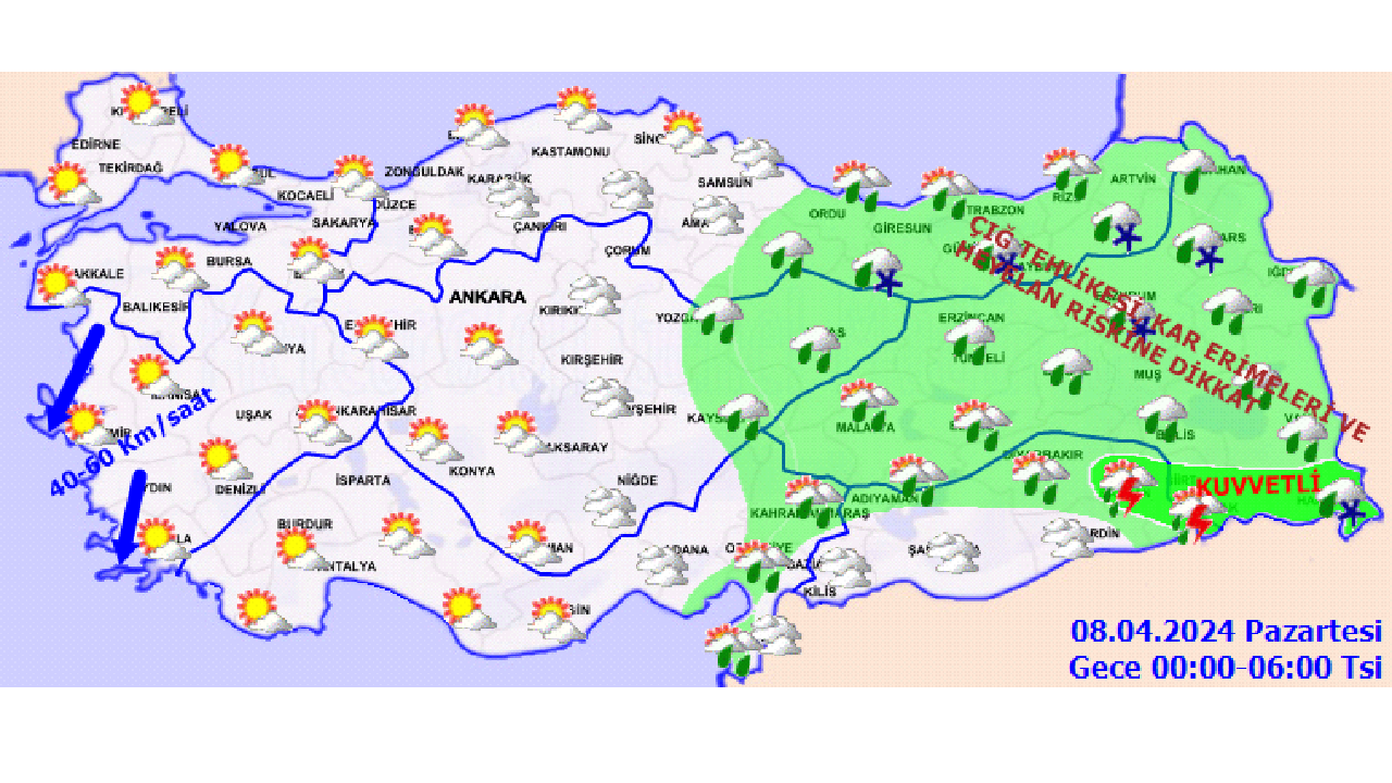 8 Nisan 2024 Meteoroloji hava durumu raporunu yayınladı! Kuvvetli yağış ve su baskınına dikkat! 3