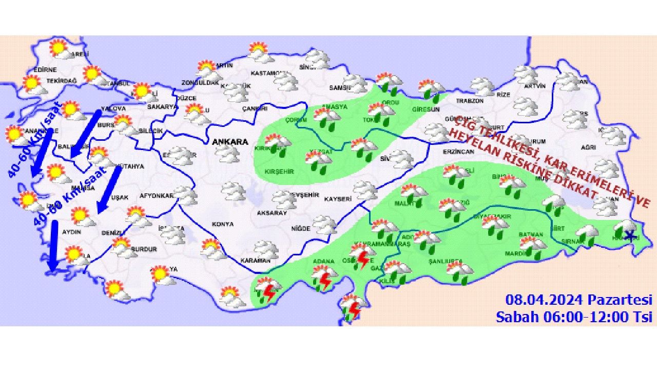 8 Nisan 2024 Meteoroloji hava durumu raporunu yayınladı! Kuvvetli yağış ve su baskınına dikkat! 4