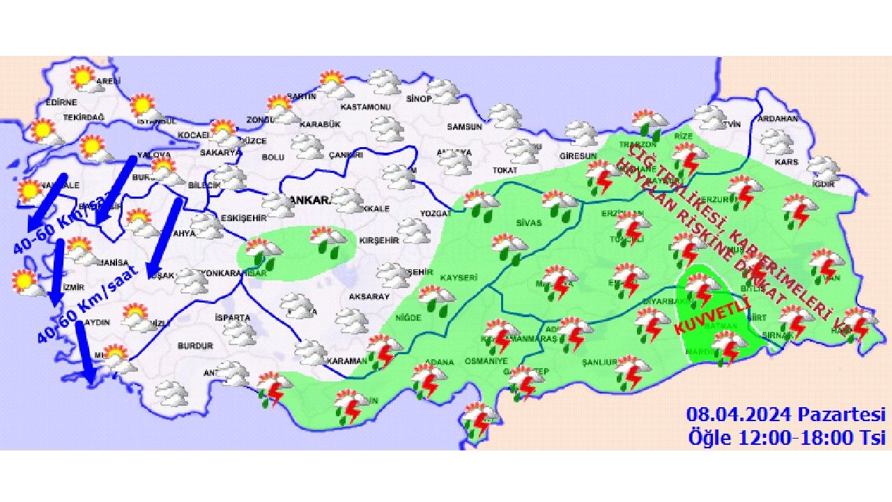 8 Nisan 2024 Meteoroloji hava durumu raporunu yayınladı! Kuvvetli yağış ve su baskınına dikkat! 13