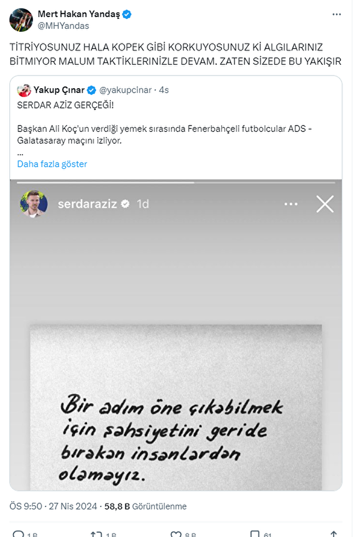 Derbi bitti Mert Hakan Yandaş yine gündemi belirledi! Bu sözler kavgada söylenmez: Hala köpek gibi korkuyorsunuz! 8