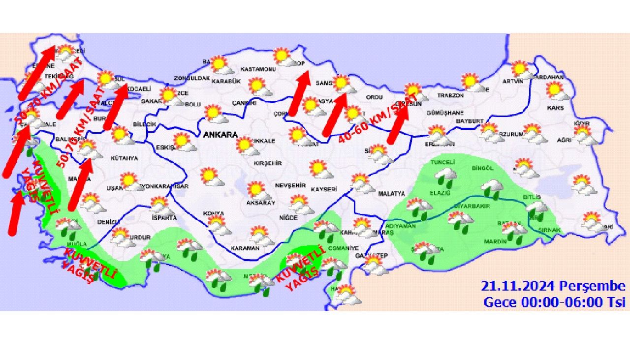21 Kasım 2024 Türkiye genelinde sıcaklıklar düşüyor! Kuvvetli yağış ve rüzgara dikkat! 2