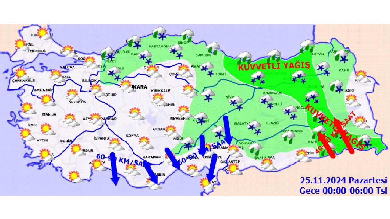 Meteoroloji 25 Kasım 2024 yurt genelinde kar, yağış, rüzgar ve soğuk uyarısı yaptı! İşte kuvvetli yağış beklenen o iller... 2