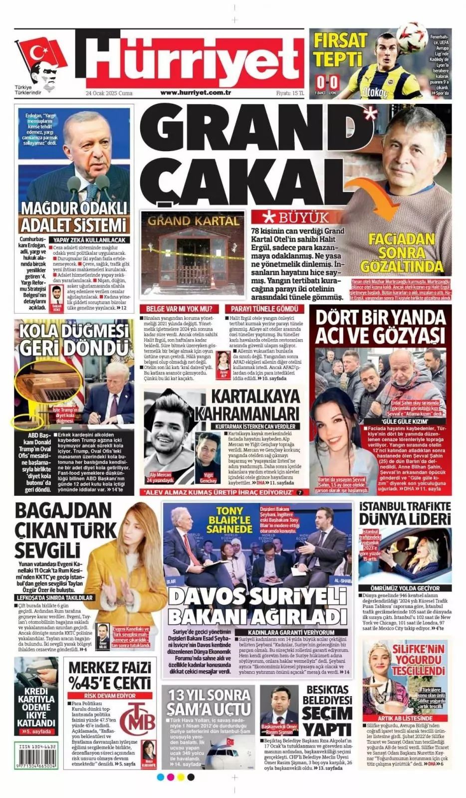Grand çakal! 78 cana mezar olan Grand Kartal Otel faciası gazete manşetlerinde... İşte 24 Ocak Cuma gazete manşetleri... 2