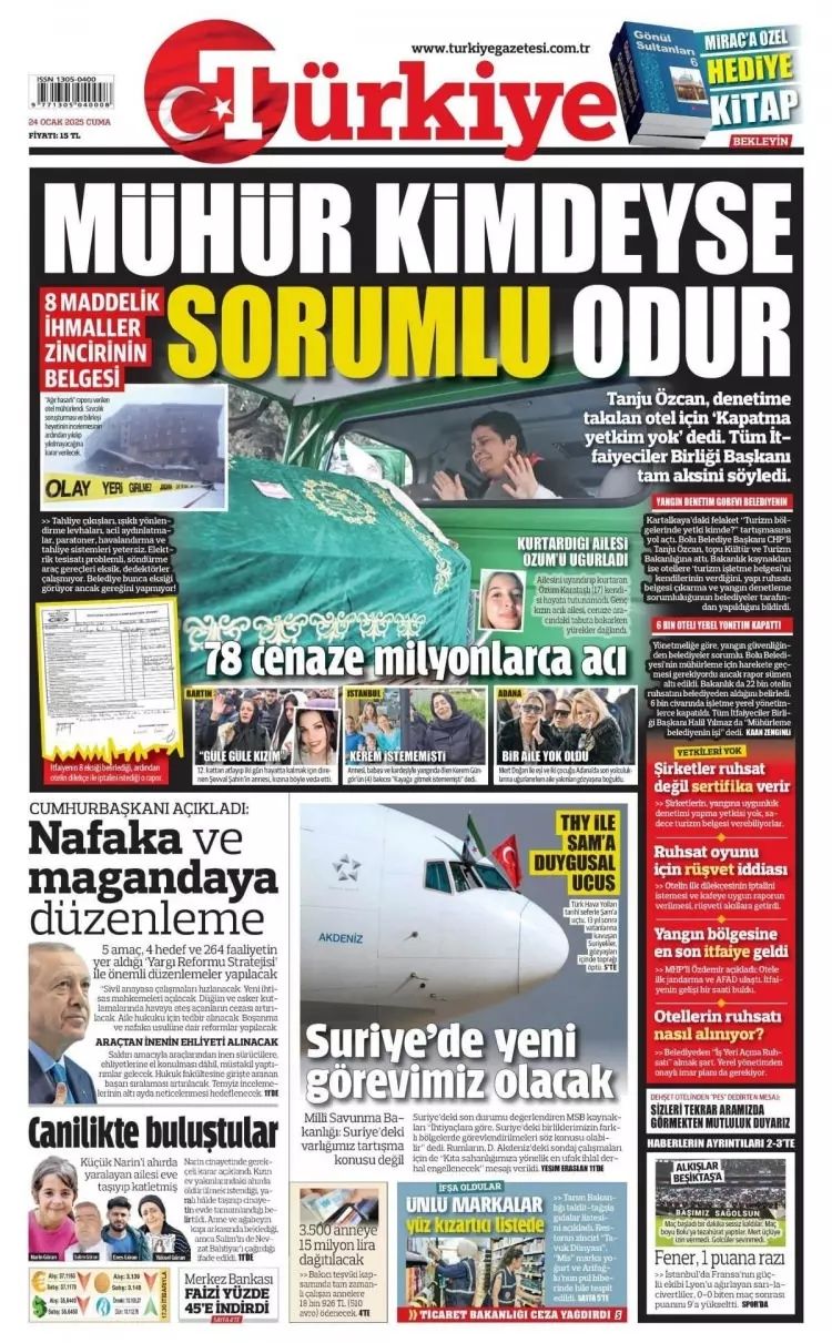 Grand çakal! 78 cana mezar olan Grand Kartal Otel faciası gazete manşetlerinde... İşte 24 Ocak Cuma gazete manşetleri... 6
