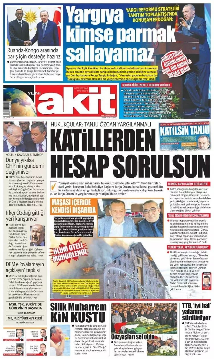 Grand çakal! 78 cana mezar olan Grand Kartal Otel faciası gazete manşetlerinde... İşte 24 Ocak Cuma gazete manşetleri... 9