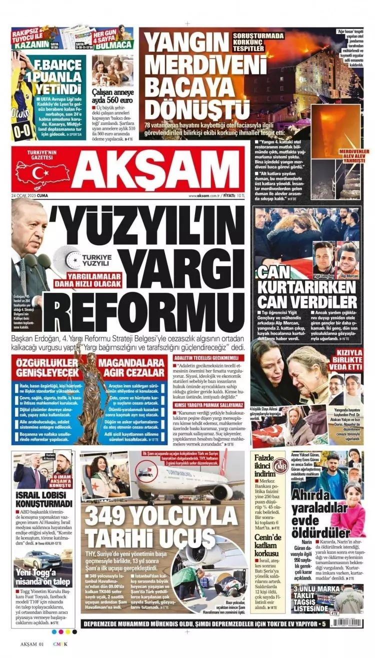 Grand çakal! 78 cana mezar olan Grand Kartal Otel faciası gazete manşetlerinde... İşte 24 Ocak Cuma gazete manşetleri... 8
