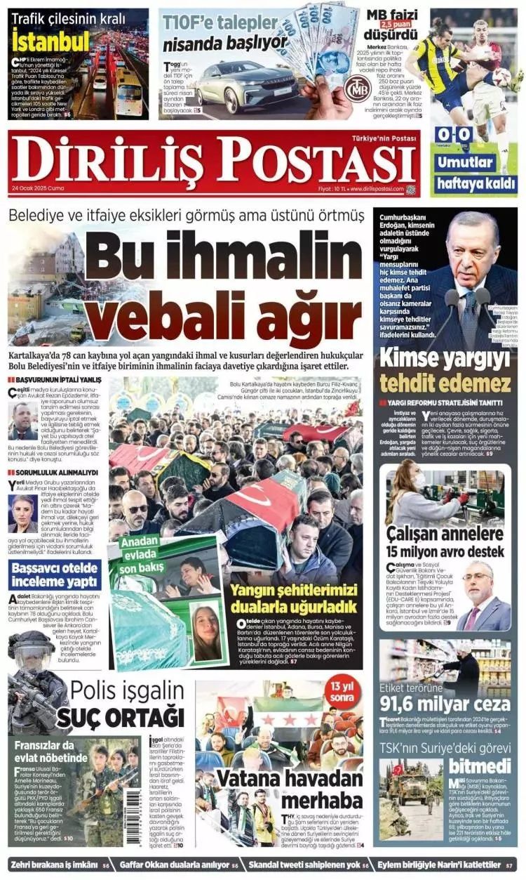 Grand çakal! 78 cana mezar olan Grand Kartal Otel faciası gazete manşetlerinde... İşte 24 Ocak Cuma gazete manşetleri... 10