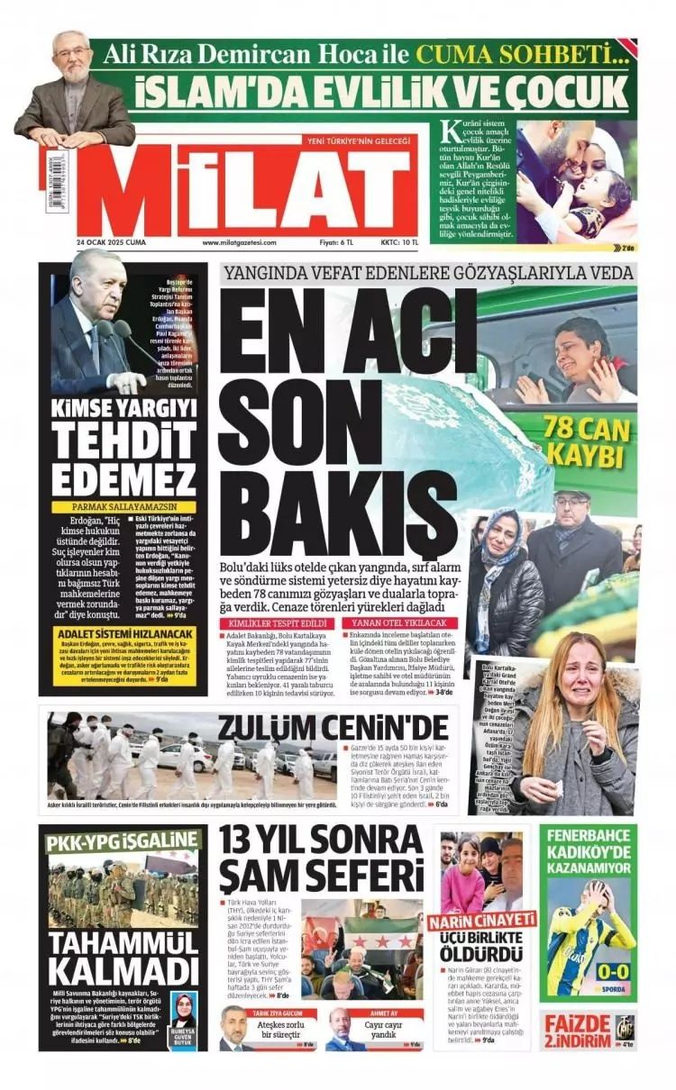 Grand çakal! 78 cana mezar olan Grand Kartal Otel faciası gazete manşetlerinde... İşte 24 Ocak Cuma gazete manşetleri... 12