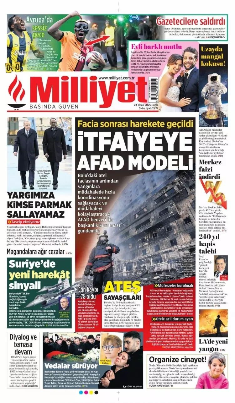 Grand çakal! 78 cana mezar olan Grand Kartal Otel faciası gazete manşetlerinde... İşte 24 Ocak Cuma gazete manşetleri... 4