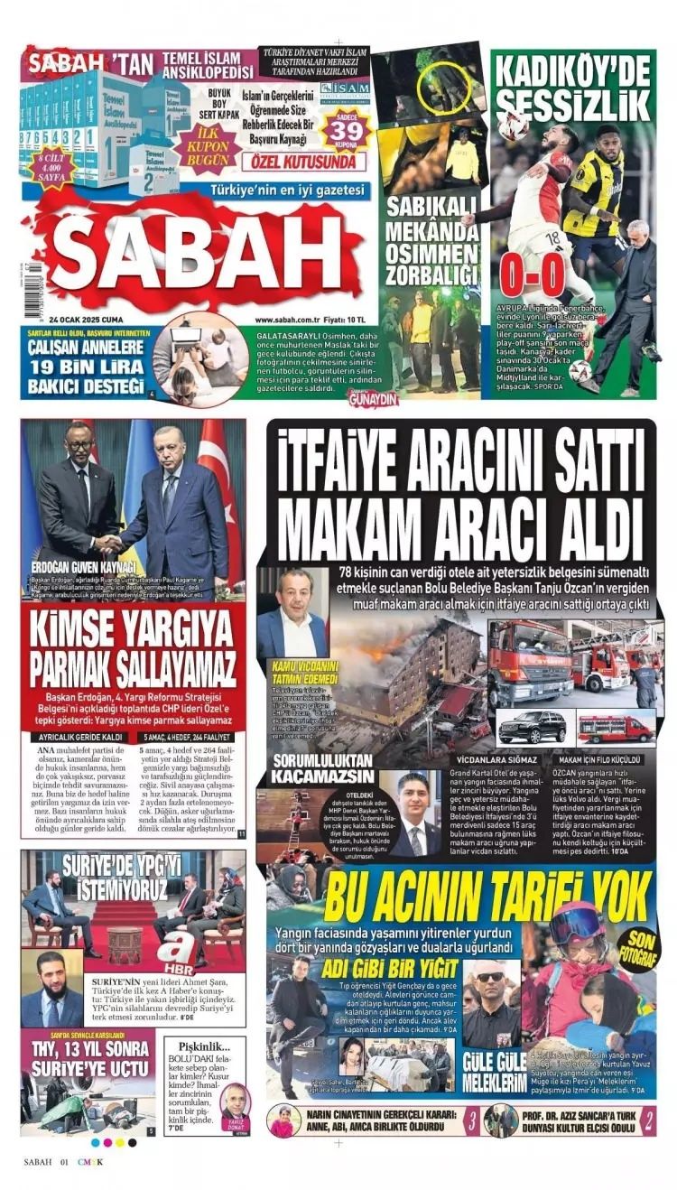 Grand çakal! 78 cana mezar olan Grand Kartal Otel faciası gazete manşetlerinde... İşte 24 Ocak Cuma gazete manşetleri... 3
